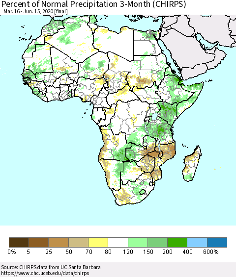 Africa Percent of Normal Precipitation 3-Month (CHIRPS) Thematic Map For 3/16/2020 - 6/15/2020