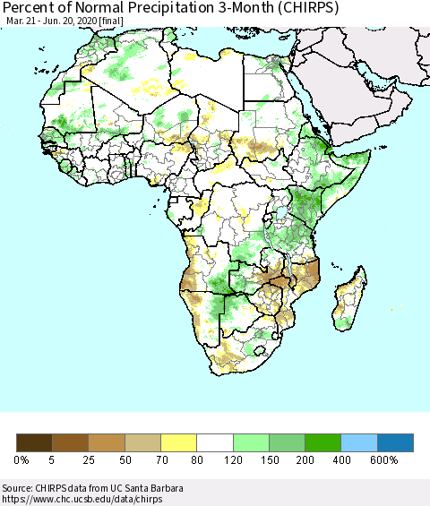 Africa Percent of Normal Precipitation 3-Month (CHIRPS) Thematic Map For 3/21/2020 - 6/20/2020