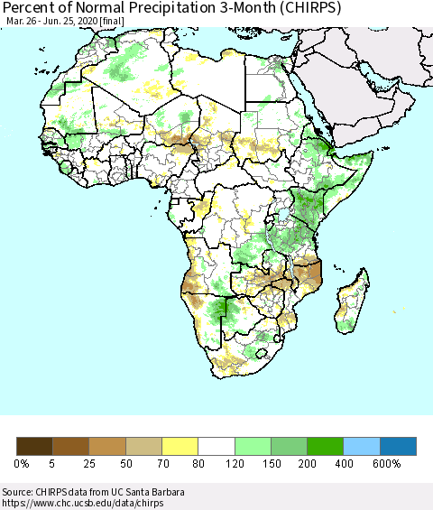 Africa Percent of Normal Precipitation 3-Month (CHIRPS) Thematic Map For 3/26/2020 - 6/25/2020
