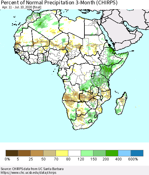 Africa Percent of Normal Precipitation 3-Month (CHIRPS) Thematic Map For 4/11/2020 - 7/10/2020