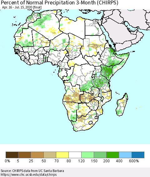 Africa Percent of Normal Precipitation 3-Month (CHIRPS) Thematic Map For 4/16/2020 - 7/15/2020