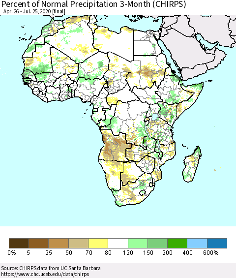 Africa Percent of Normal Precipitation 3-Month (CHIRPS) Thematic Map For 4/26/2020 - 7/25/2020