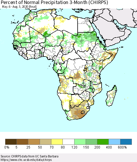 Africa Percent of Normal Precipitation 3-Month (CHIRPS) Thematic Map For 5/6/2020 - 8/5/2020