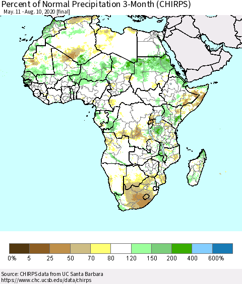 Africa Percent of Normal Precipitation 3-Month (CHIRPS) Thematic Map For 5/11/2020 - 8/10/2020