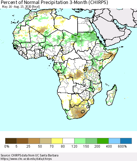 Africa Percent of Normal Precipitation 3-Month (CHIRPS) Thematic Map For 5/16/2020 - 8/15/2020