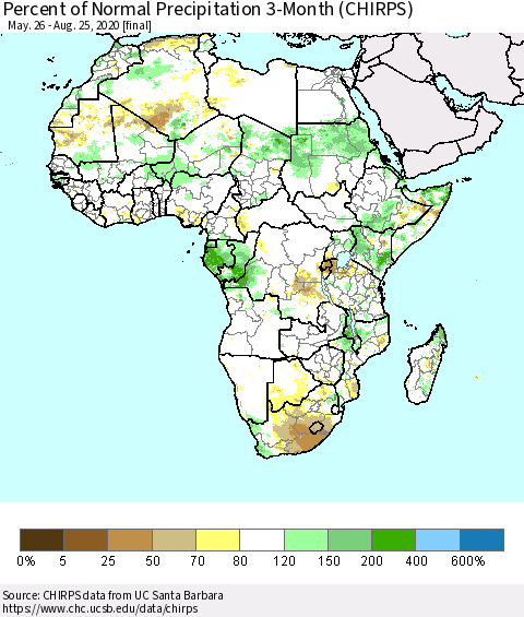 Africa Percent of Normal Precipitation 3-Month (CHIRPS) Thematic Map For 5/26/2020 - 8/25/2020