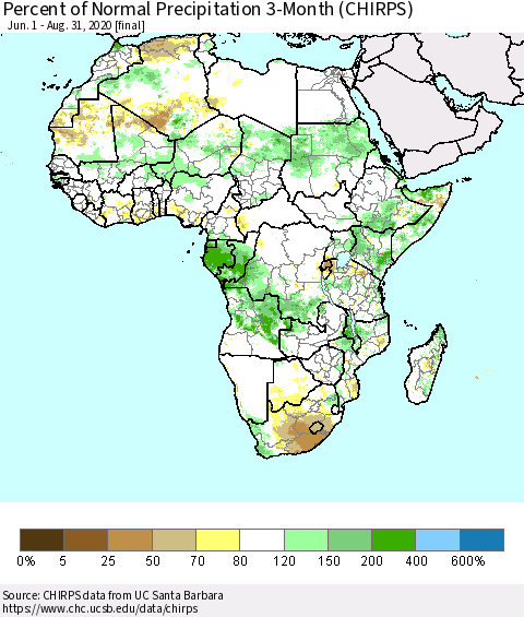 Africa Percent of Normal Precipitation 3-Month (CHIRPS) Thematic Map For 6/1/2020 - 8/31/2020