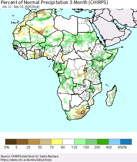 Africa Percent of Normal Precipitation 3-Month (CHIRPS) Thematic Map For 6/11/2020 - 9/10/2020