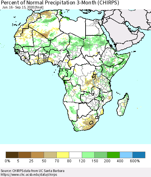 Africa Percent of Normal Precipitation 3-Month (CHIRPS) Thematic Map For 6/16/2020 - 9/15/2020