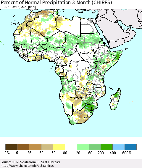 Africa Percent of Normal Precipitation 3-Month (CHIRPS) Thematic Map For 7/6/2020 - 10/5/2020