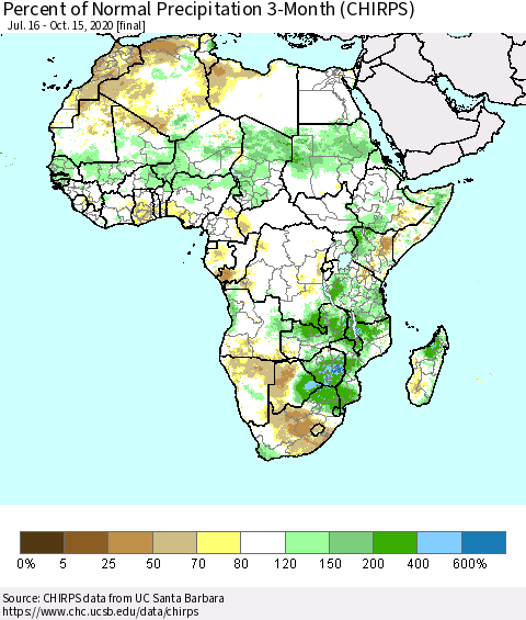 Africa Percent of Normal Precipitation 3-Month (CHIRPS) Thematic Map For 7/16/2020 - 10/15/2020