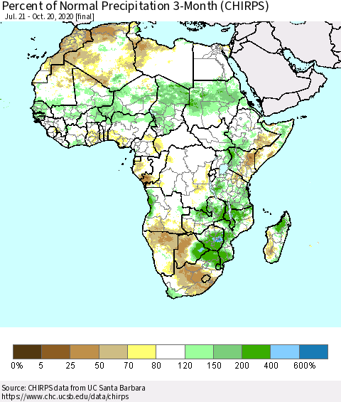 Africa Percent of Normal Precipitation 3-Month (CHIRPS) Thematic Map For 7/21/2020 - 10/20/2020