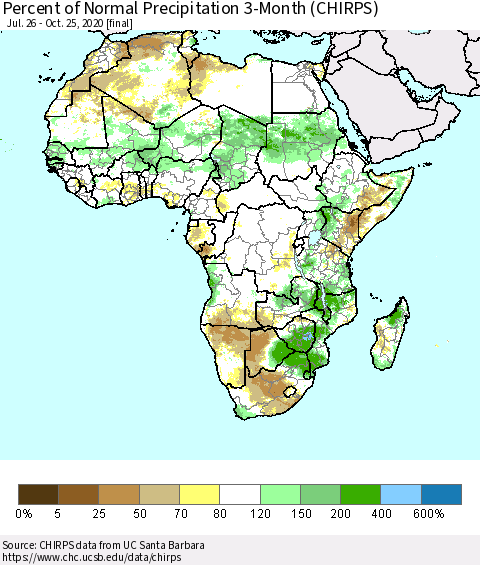 Africa Percent of Normal Precipitation 3-Month (CHIRPS) Thematic Map For 7/26/2020 - 10/25/2020