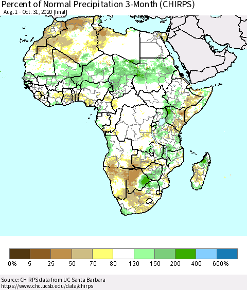 Africa Percent of Normal Precipitation 3-Month (CHIRPS) Thematic Map For 8/1/2020 - 10/31/2020