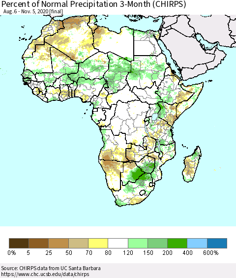 Africa Percent of Normal Precipitation 3-Month (CHIRPS) Thematic Map For 8/6/2020 - 11/5/2020