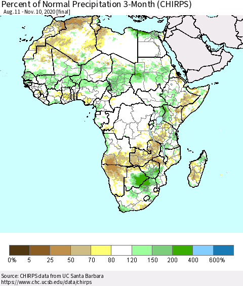 Africa Percent of Normal Precipitation 3-Month (CHIRPS) Thematic Map For 8/11/2020 - 11/10/2020