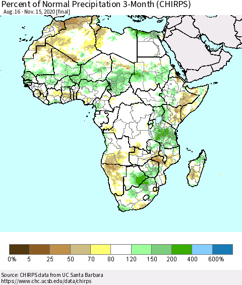 Africa Percent of Normal Precipitation 3-Month (CHIRPS) Thematic Map For 8/16/2020 - 11/15/2020