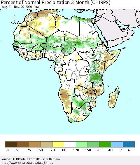 Africa Percent of Normal Precipitation 3-Month (CHIRPS) Thematic Map For 8/21/2020 - 11/20/2020