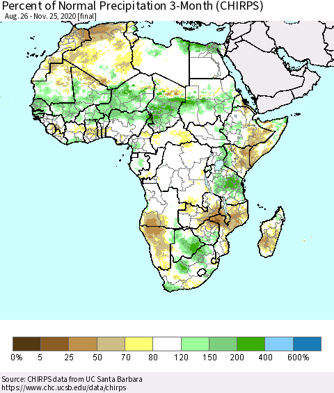 Africa Percent of Normal Precipitation 3-Month (CHIRPS) Thematic Map For 8/26/2020 - 11/25/2020