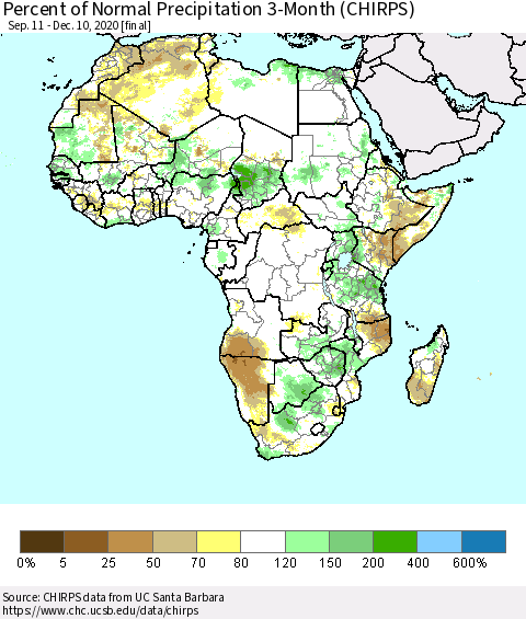 Africa Percent of Normal Precipitation 3-Month (CHIRPS) Thematic Map For 9/11/2020 - 12/10/2020