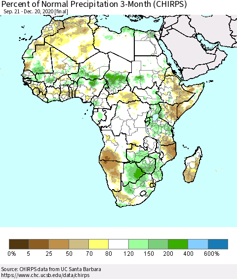 Africa Percent of Normal Precipitation 3-Month (CHIRPS) Thematic Map For 9/21/2020 - 12/20/2020