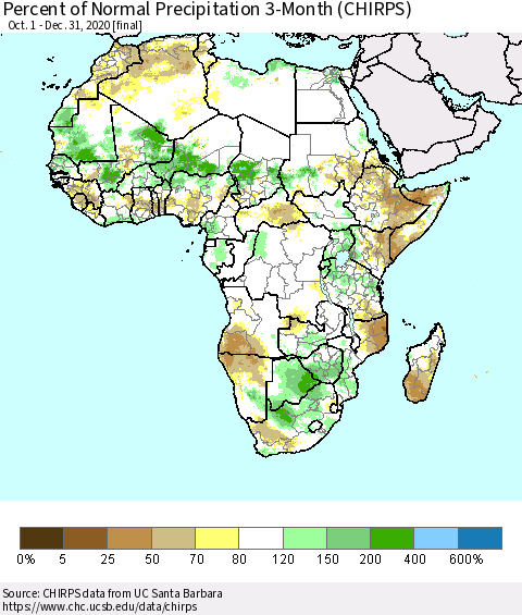 Africa Percent of Normal Precipitation 3-Month (CHIRPS) Thematic Map For 10/1/2020 - 12/31/2020