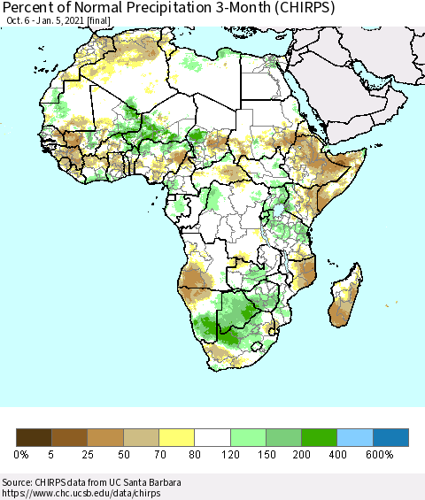 Africa Percent of Normal Precipitation 3-Month (CHIRPS) Thematic Map For 10/6/2020 - 1/5/2021