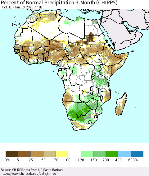 Africa Percent of Normal Precipitation 3-Month (CHIRPS) Thematic Map For 10/11/2020 - 1/10/2021