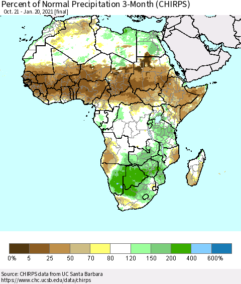 Africa Percent of Normal Precipitation 3-Month (CHIRPS) Thematic Map For 10/21/2020 - 1/20/2021