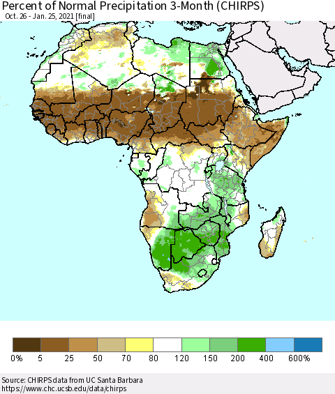 Africa Percent of Normal Precipitation 3-Month (CHIRPS) Thematic Map For 10/26/2020 - 1/25/2021