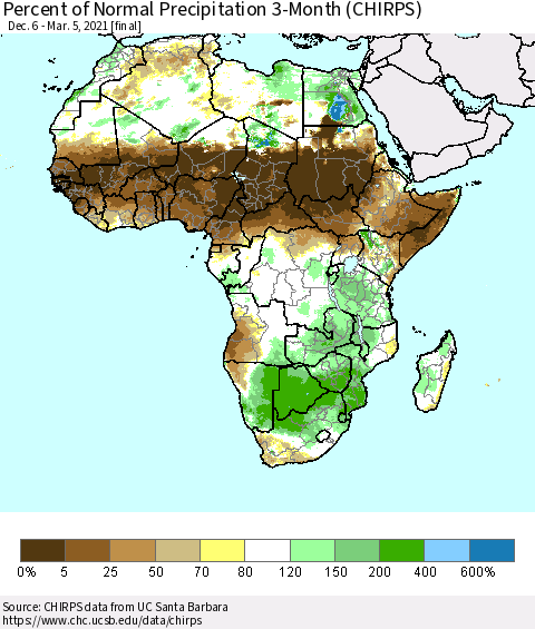 Africa Percent of Normal Precipitation 3-Month (CHIRPS) Thematic Map For 12/6/2020 - 3/5/2021