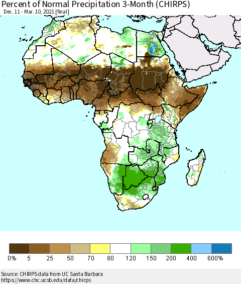 Africa Percent of Normal Precipitation 3-Month (CHIRPS) Thematic Map For 12/11/2020 - 3/10/2021