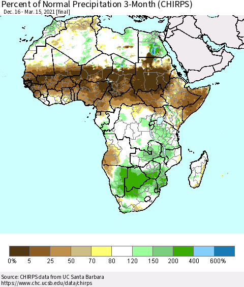 Africa Percent of Normal Precipitation 3-Month (CHIRPS) Thematic Map For 12/16/2020 - 3/15/2021