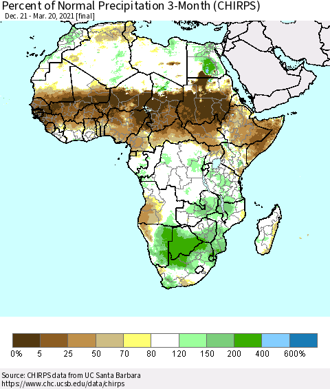 Africa Percent of Normal Precipitation 3-Month (CHIRPS) Thematic Map For 12/21/2020 - 3/20/2021