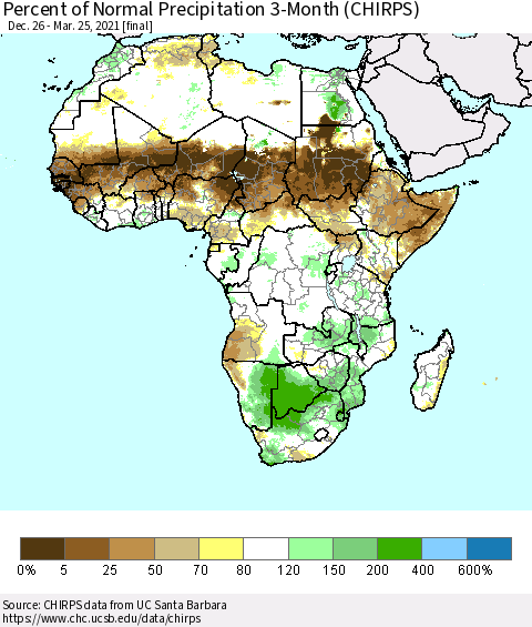 Africa Percent of Normal Precipitation 3-Month (CHIRPS) Thematic Map For 12/26/2020 - 3/25/2021