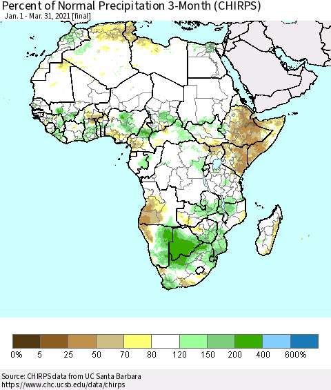 Africa Percent of Normal Precipitation 3-Month (CHIRPS) Thematic Map For 1/1/2021 - 3/31/2021