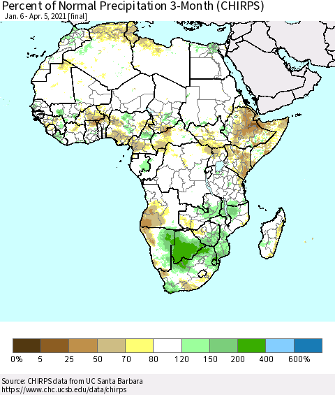 Africa Percent of Normal Precipitation 3-Month (CHIRPS) Thematic Map For 1/6/2021 - 4/5/2021