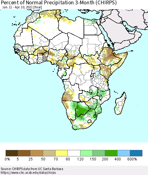 Africa Percent of Normal Precipitation 3-Month (CHIRPS) Thematic Map For 1/11/2021 - 4/10/2021