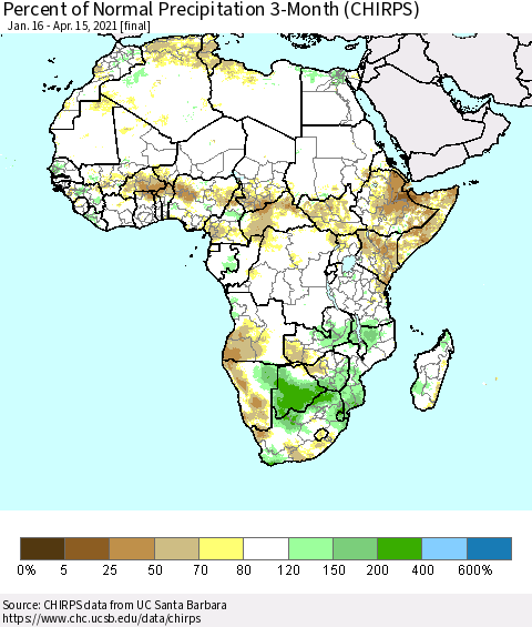 Africa Percent of Normal Precipitation 3-Month (CHIRPS) Thematic Map For 1/16/2021 - 4/15/2021