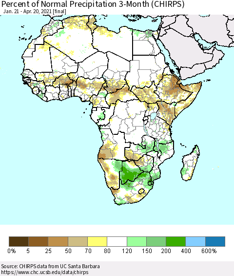 Africa Percent of Normal Precipitation 3-Month (CHIRPS) Thematic Map For 1/21/2021 - 4/20/2021