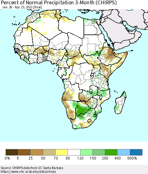 Africa Percent of Normal Precipitation 3-Month (CHIRPS) Thematic Map For 1/26/2021 - 4/25/2021