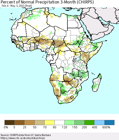 Africa Percent of Normal Precipitation 3-Month (CHIRPS) Thematic Map For 2/6/2021 - 5/5/2021