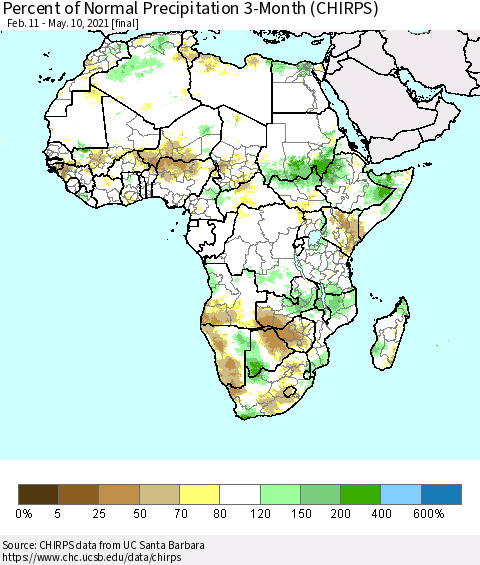 Africa Percent of Normal Precipitation 3-Month (CHIRPS) Thematic Map For 2/11/2021 - 5/10/2021