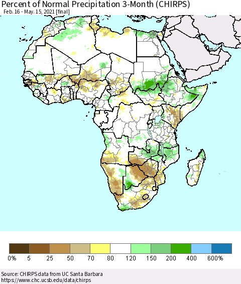 Africa Percent of Normal Precipitation 3-Month (CHIRPS) Thematic Map For 2/16/2021 - 5/15/2021