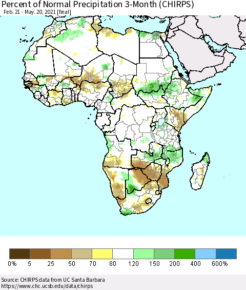 Africa Percent of Normal Precipitation 3-Month (CHIRPS) Thematic Map For 2/21/2021 - 5/20/2021