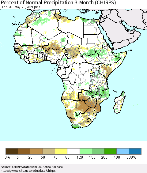Africa Percent of Normal Precipitation 3-Month (CHIRPS) Thematic Map For 2/26/2021 - 5/25/2021