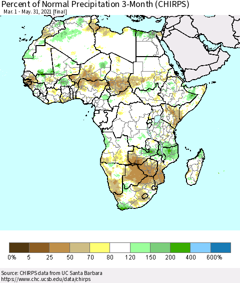 Africa Percent of Normal Precipitation 3-Month (CHIRPS) Thematic Map For 3/1/2021 - 5/31/2021