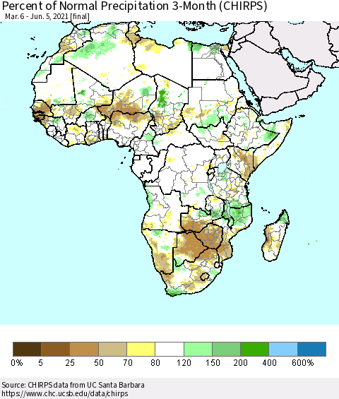 Africa Percent of Normal Precipitation 3-Month (CHIRPS) Thematic Map For 3/6/2021 - 6/5/2021