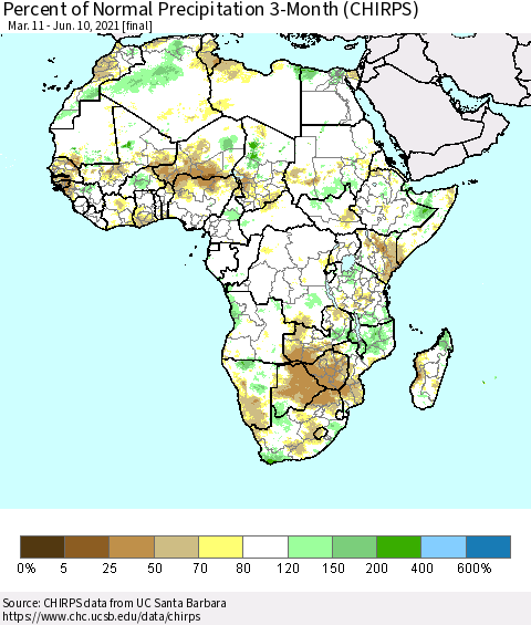 Africa Percent of Normal Precipitation 3-Month (CHIRPS) Thematic Map For 3/11/2021 - 6/10/2021