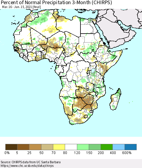 Africa Percent of Normal Precipitation 3-Month (CHIRPS) Thematic Map For 3/16/2021 - 6/15/2021